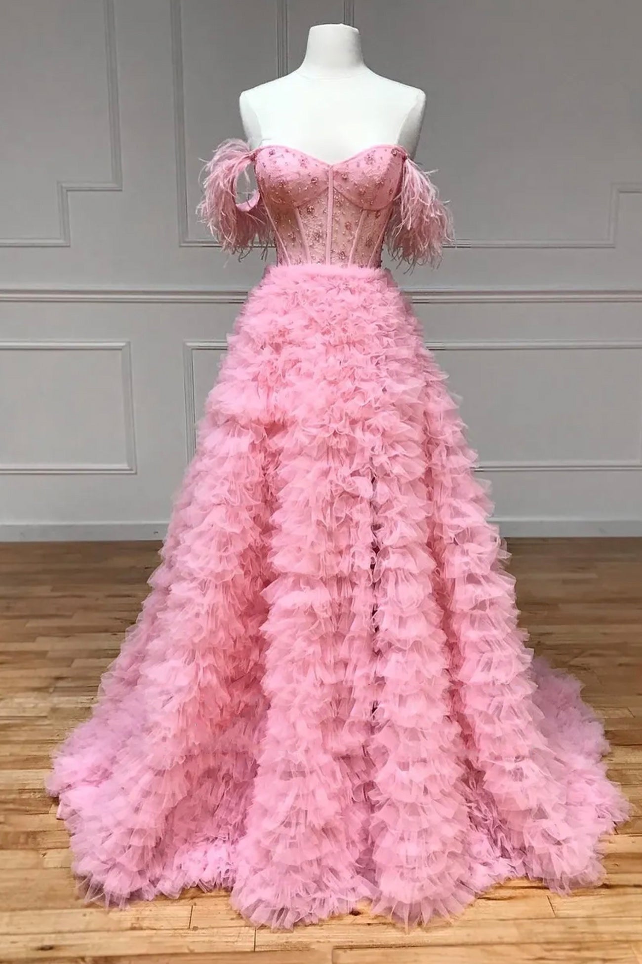 Pink Tulle Long A-Line Prom Dress, Pink Sweetheart Neckline Evening Gown