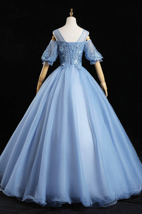 Blue Lace Long A-Line Ball Gown, Blue Formal Party Dress
