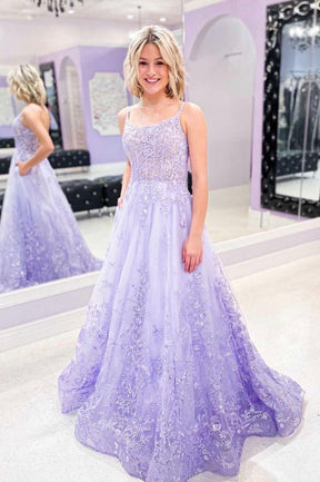 Purple Lace Long Formal Evening Dress, A-Line Backless Party Dress