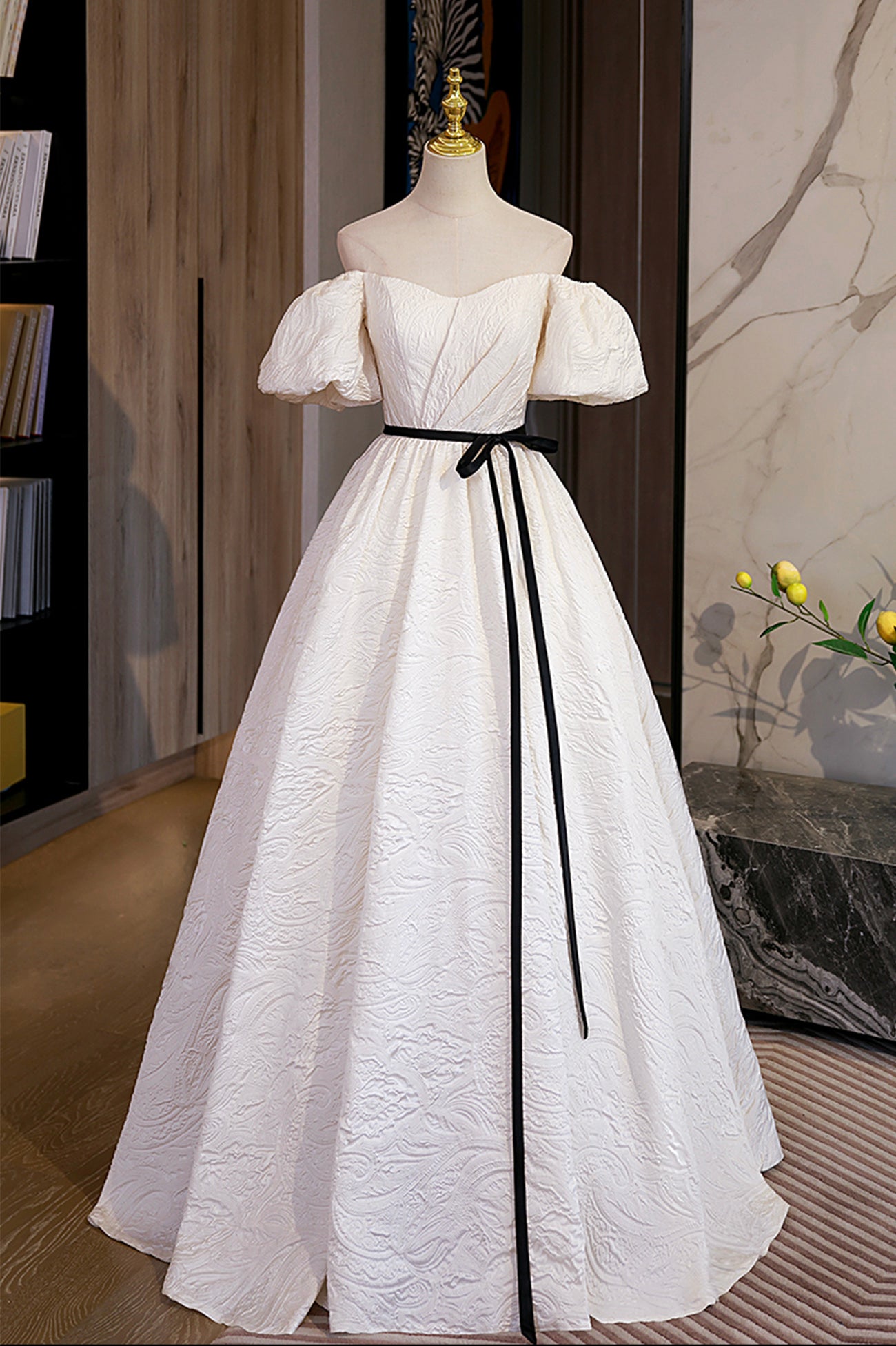 Simple A-Line Jacquard Fabric Long Prom Dress, Off the Shoulder Evening Dress