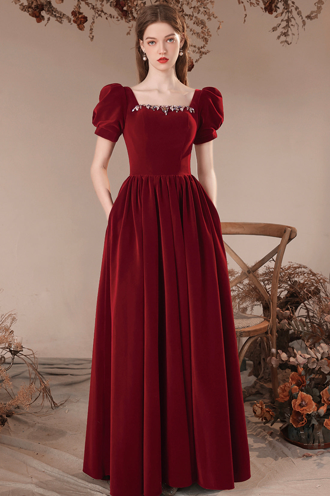 Burgundy Velvet Long Prom Dress, Burgundy Short Sleeve Evening Dress