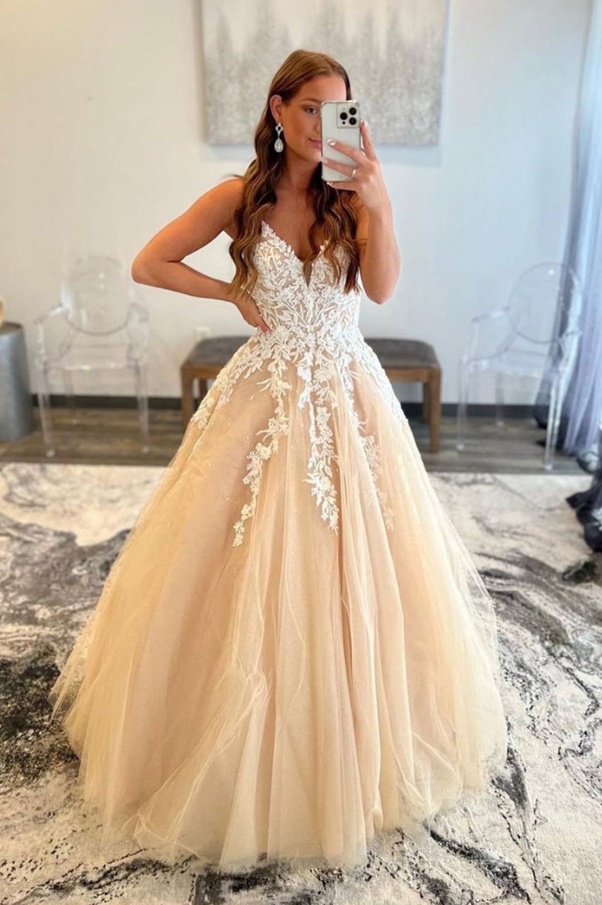 A-Line Tulle Lace Long Prom Dress, Lovely V-Neck Evening Party Dress