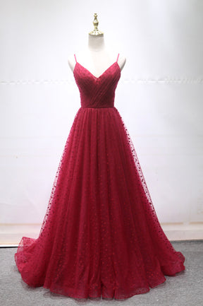 Burgundy V-Neck Tulle Long Prom Dress, A-Line Backless Evening Party Dress