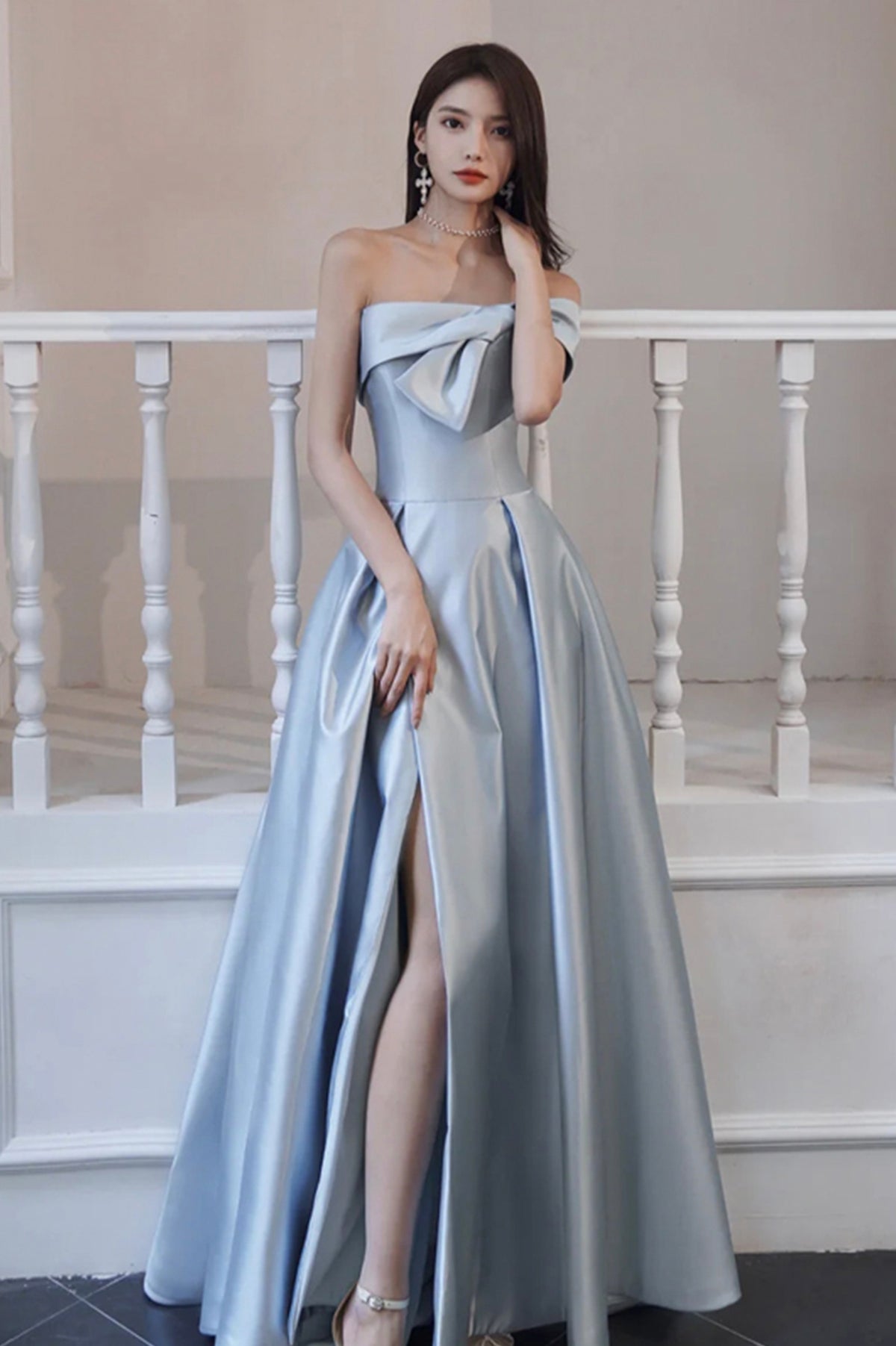 Blue Satin Long A-Line Prom Dress, Off the Shoulder Evening Dress with Slit