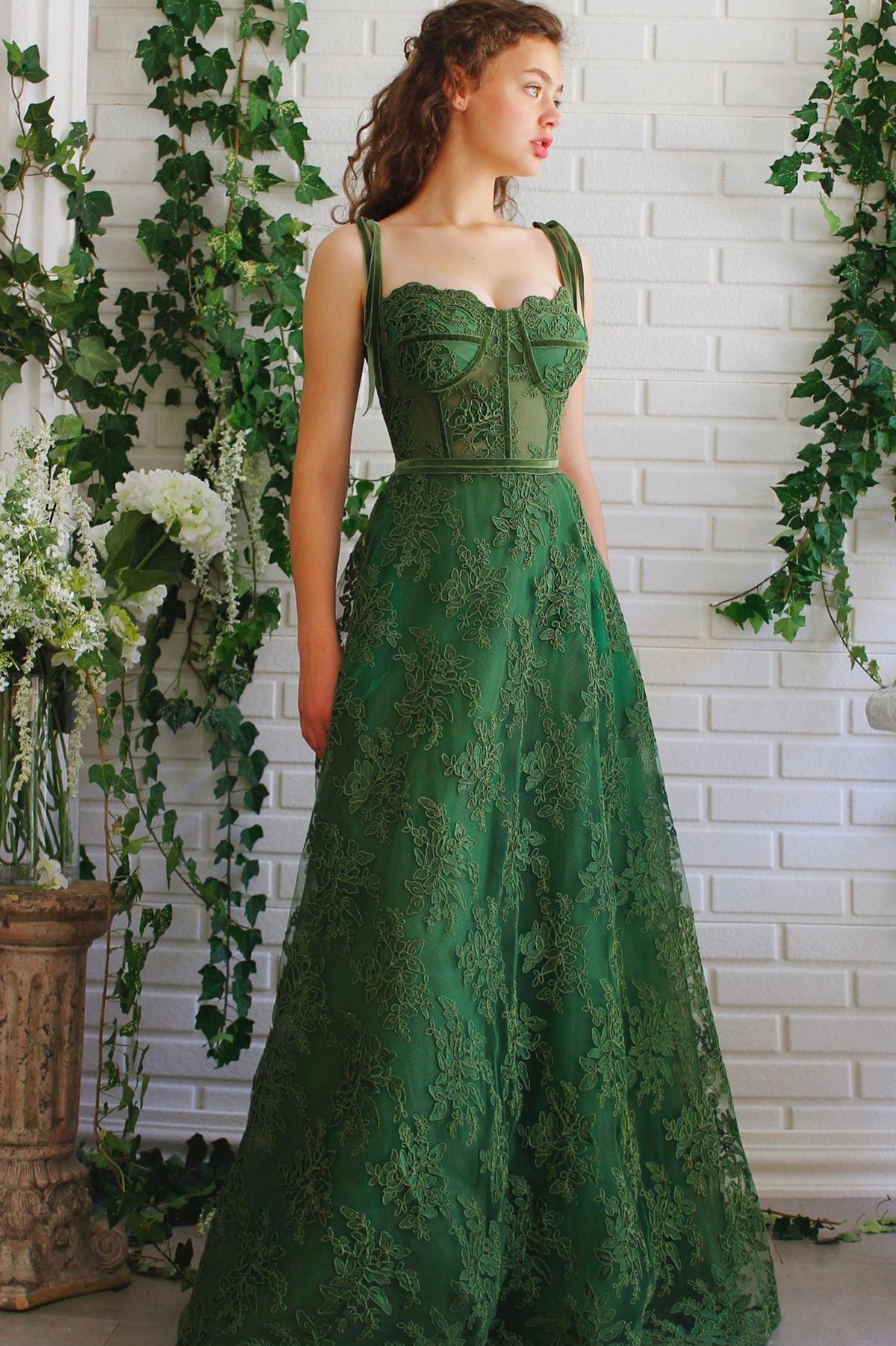 Green Lace Long Formal Evening Dress, A-Line Spaghetti Straps Prom Dress