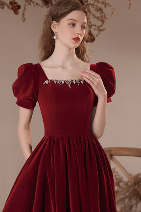 Burgundy Velvet Long Prom Dress, Burgundy Short Sleeve Evening Dress