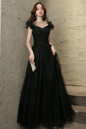 Black Tulle Long Prom Dress with Beaded, Black Evening Graduation Dress