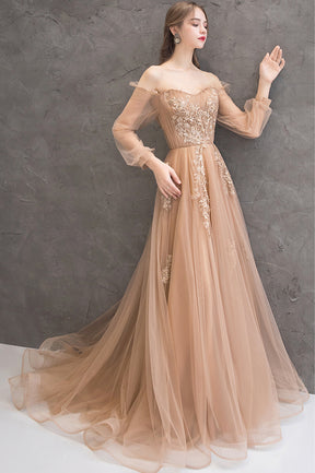 Cute Tulle Lace Off the Shoulder Evening Dress, Long Sleeve  A-Line Prom Dress