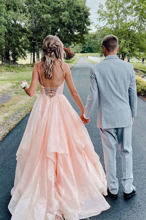 Pink V-Neck Tulle Long Evening Dress, A-Line Backless Prom Dress