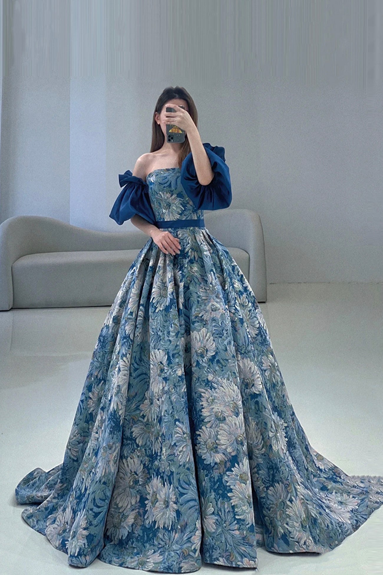 Blue Floral Pattern Long Senior Prom Dress, Off the Shoulder Evening P Blue Floral Pattern Long Senior Prom Dress, Off the Shoulder Evening P