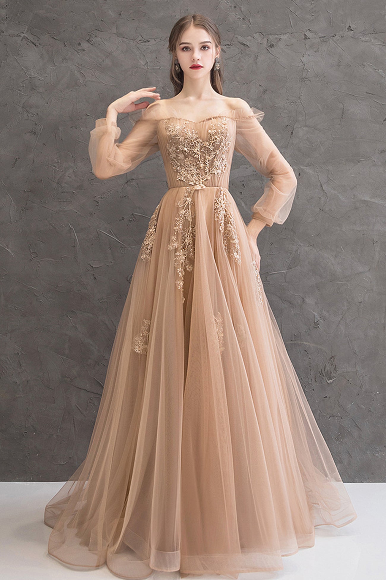 Cute Tulle Lace Off the Shoulder Evening Dress, Long Sleeve  A-Line Prom Dress