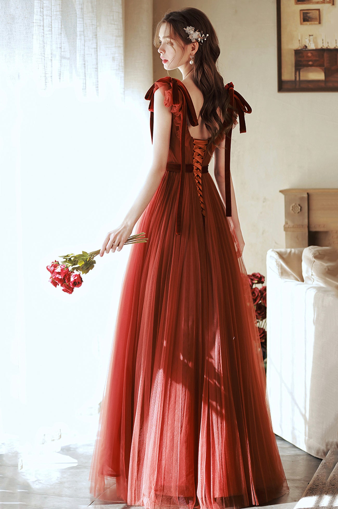A-Line V-Neck Tulle Long Prom Dress