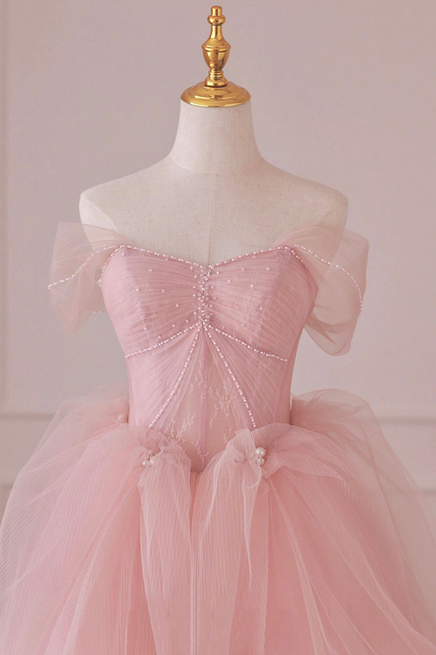 A-Line Off Shoulder Tulle Lace Pink Long Prom Dress, Pink Long Formal Dress