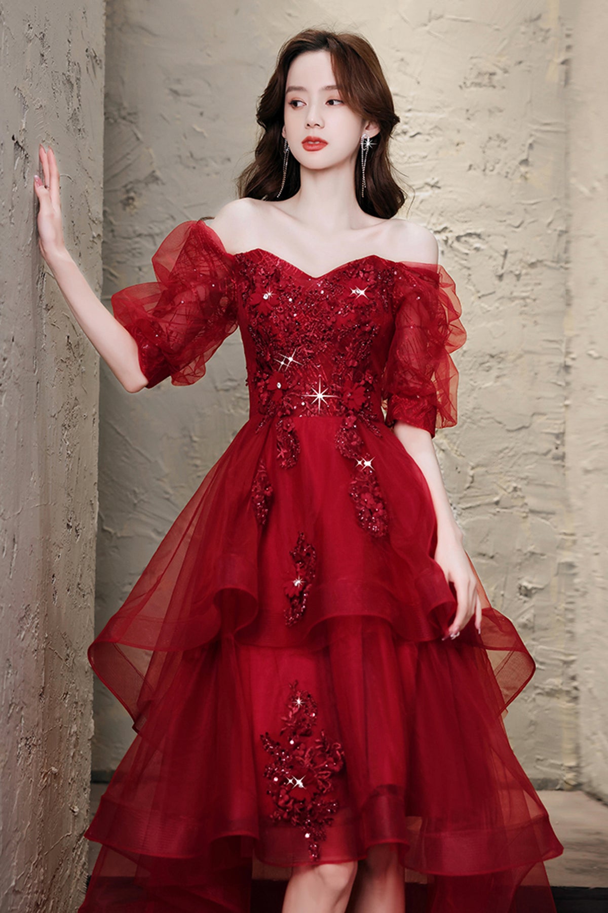 Burgundy Lace High Low Prom Dress, A-Line 1/2 Sleeve Evening Party Dress