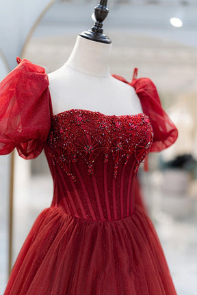 Burgundy Tulle Beaded Long Prom Dress, A-Line Short Sleeve Formal Dress