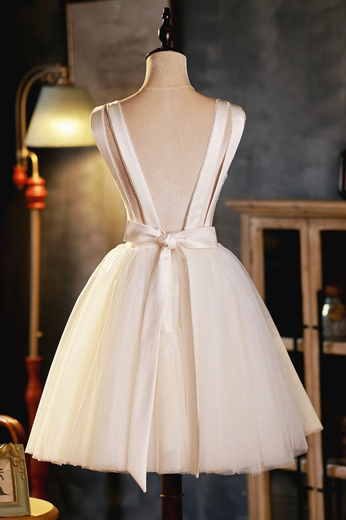 Champagne V-Neck Tulle Short Prom Dress, Champagne Homecoming Dress