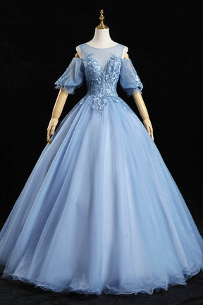 Blue Lace Long A-Line Ball Gown, Blue Formal Party Dress