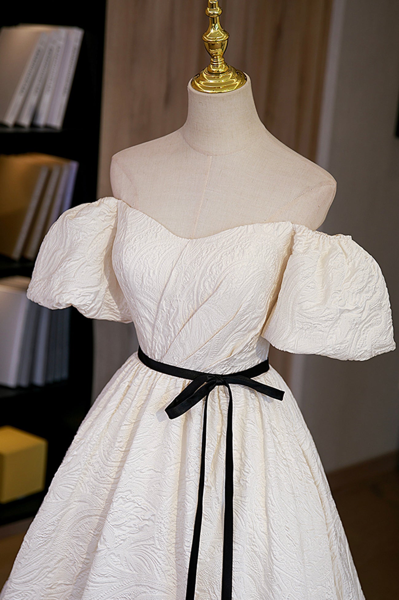 Simple A-Line Jacquard Fabric Long Prom Dress, Off the Shoulder Evening Dress