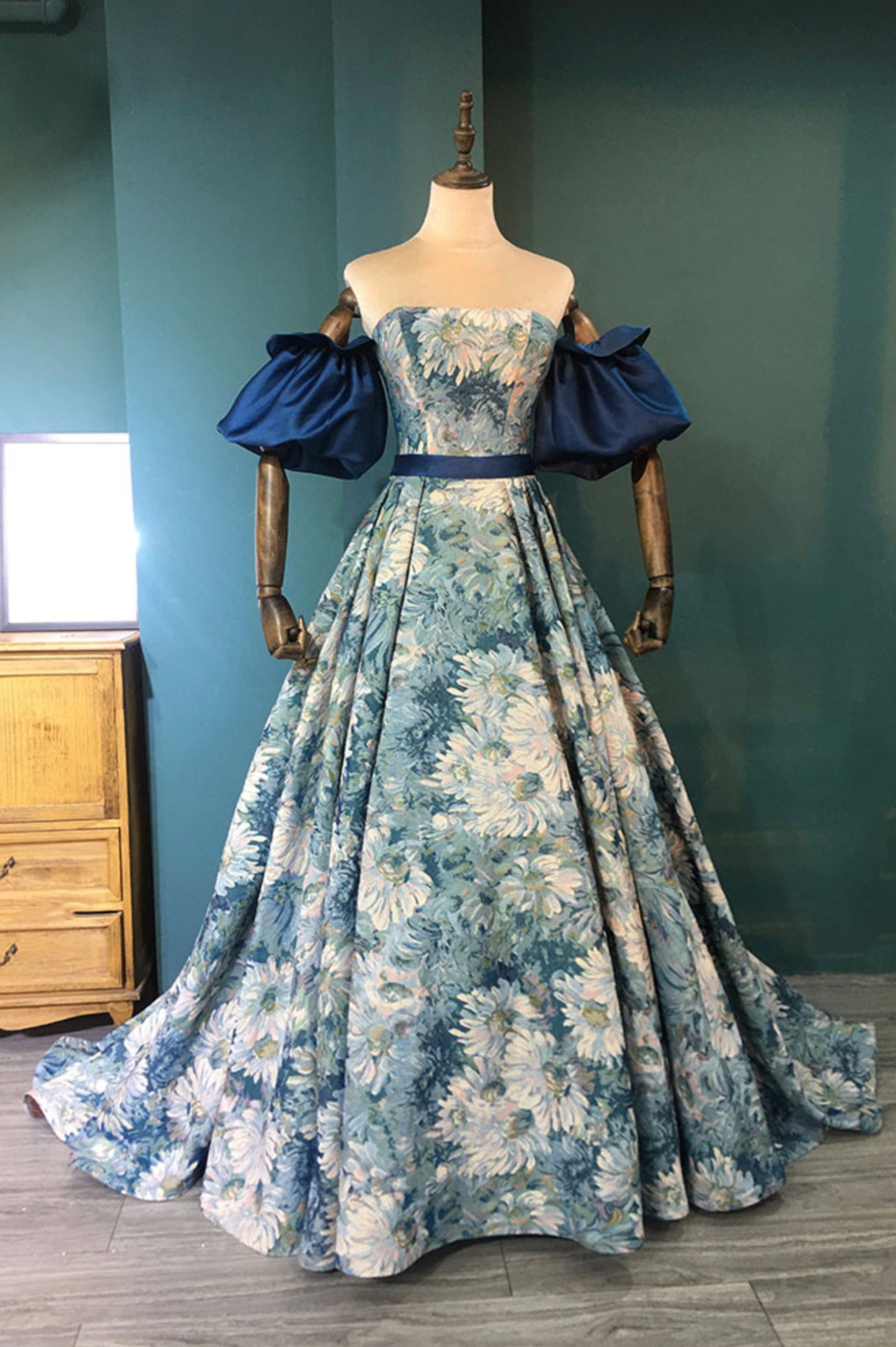 Blue Floral Pattern Long Senior Prom Dress, Off the Shoulder Evening P