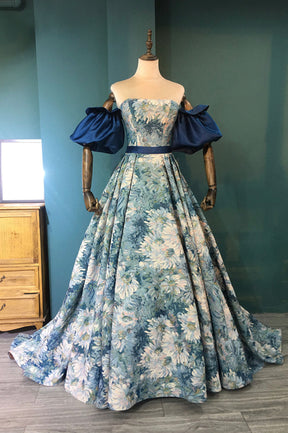 Blue Floral Pattern Long Senior Prom Dress, Off the Shoulder Evening Party Dress