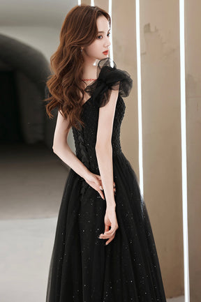 Black Tulle Long Prom Dress with Beaded, Black Evening Graduation Dress