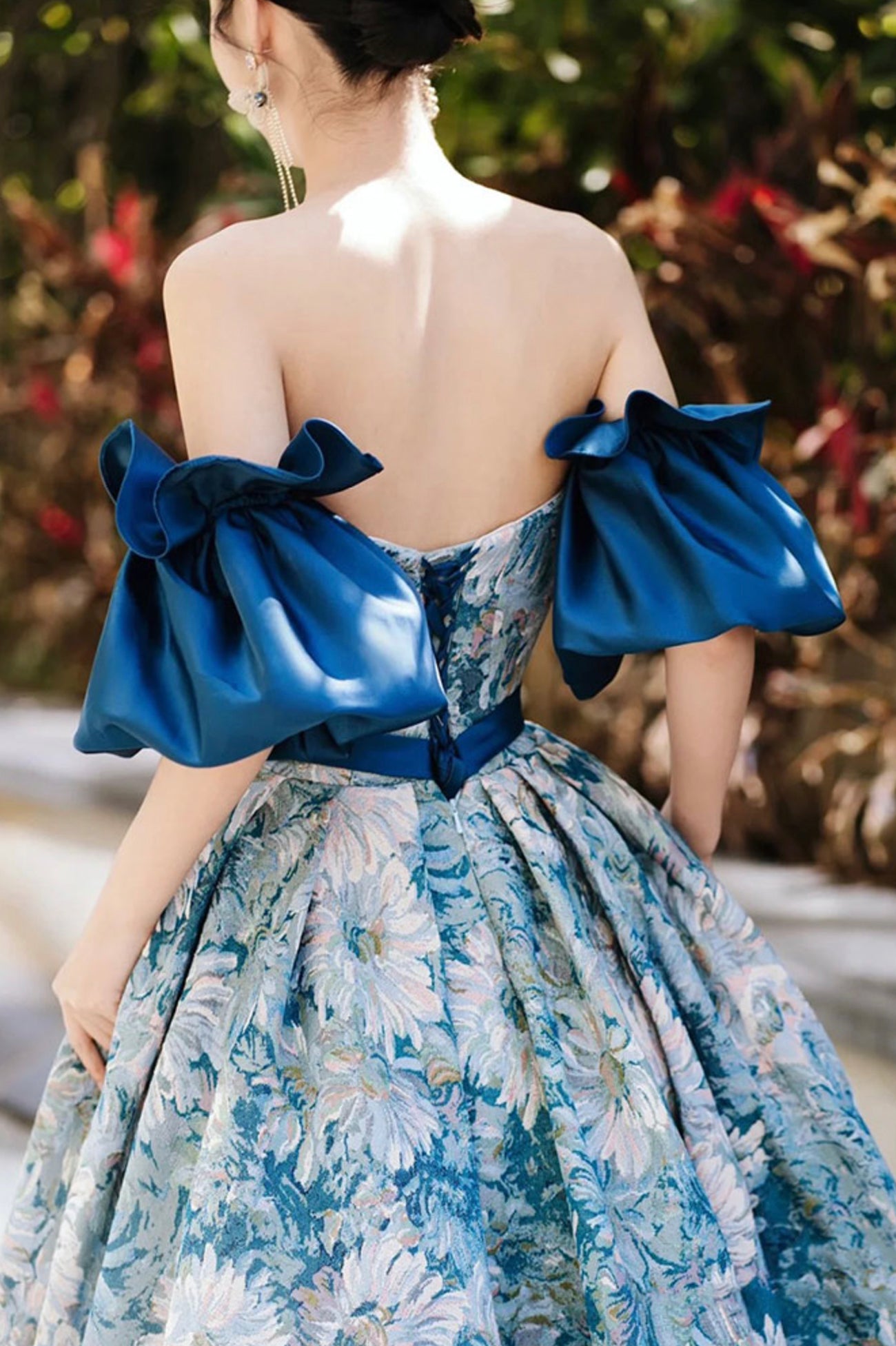 Blue Floral Pattern Long Senior Prom Dress, Off the Shoulder Evening P Blue Floral Pattern Long Senior Prom Dress, Off the Shoulder Evening P