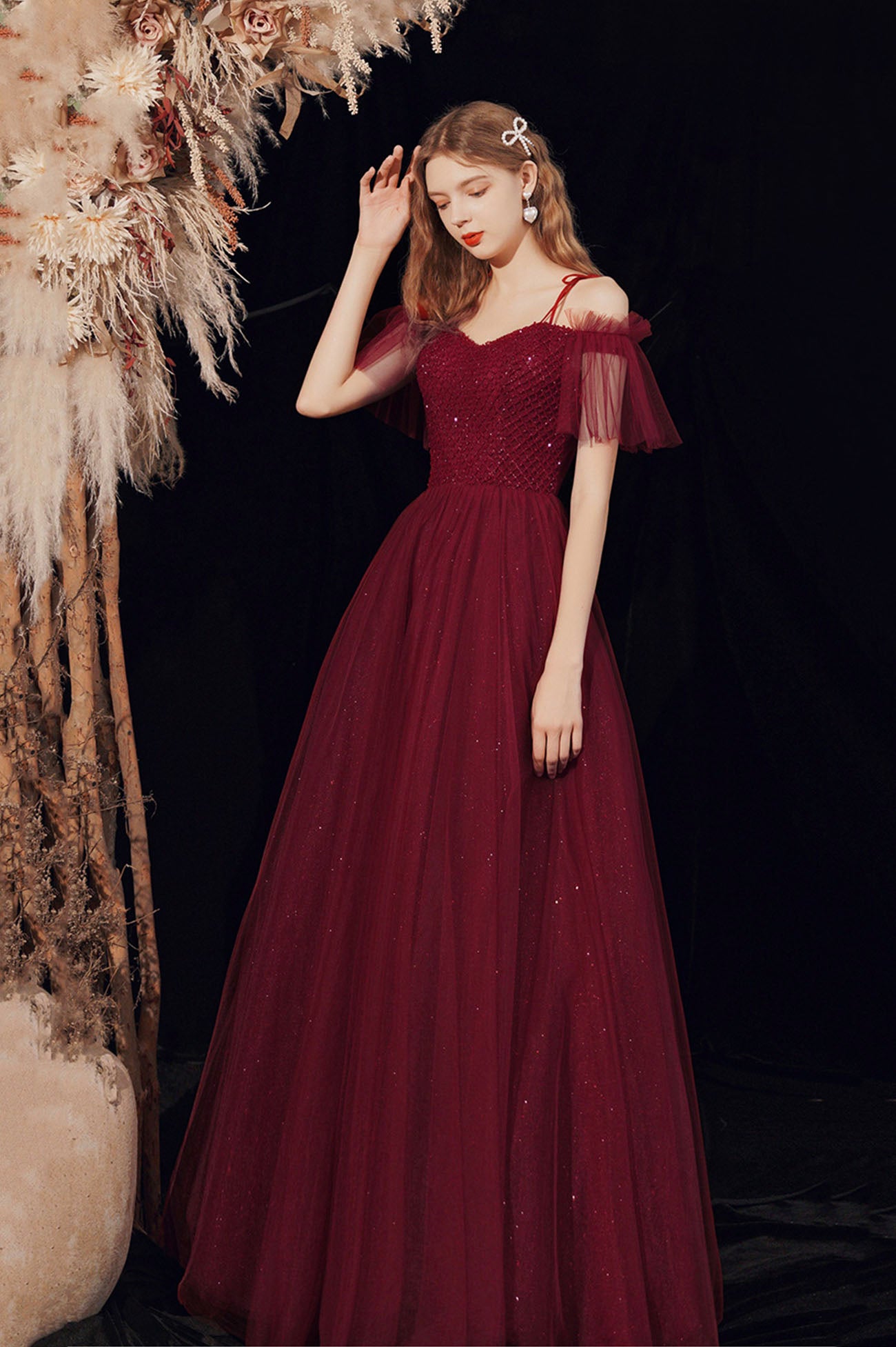 Spaghetti Straps Tulle Long Prom Dress with Beaded, Burgundy A-Line Party Dress