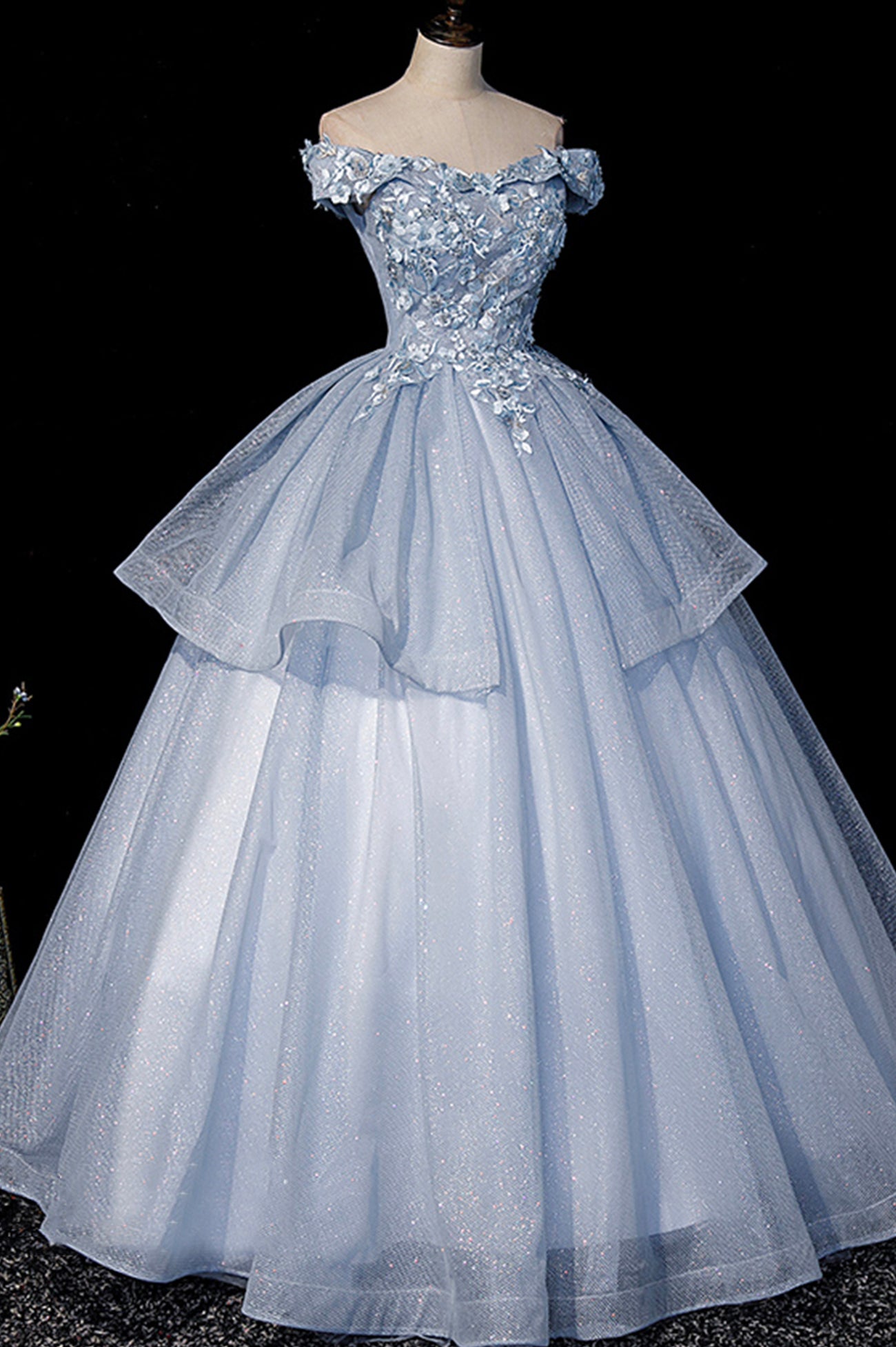Beautiful Ball Gown Blue Tulle Lace Long Party Dress, Off the Shoulder Evening Dress