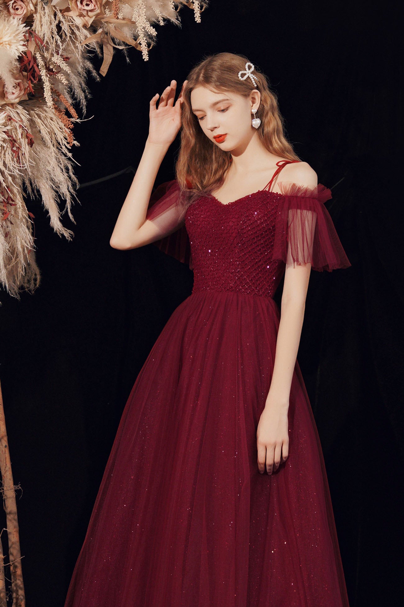 Spaghetti Straps Tulle Long Prom Dress with Beaded, Burgundy A-Line Party Dress
