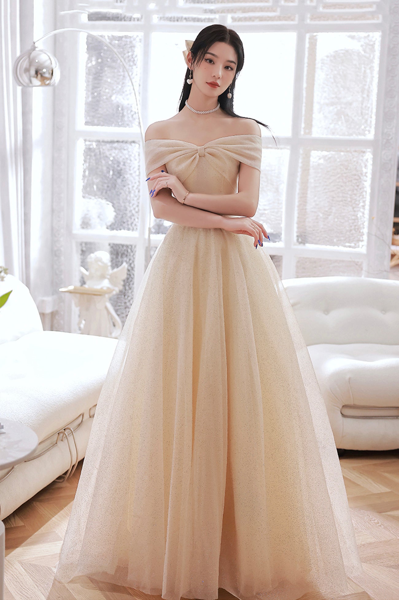 off the shoulder champagne prom dress Off The Shoulder Champagne Prom Dresses - Long & Short Prom Gowns