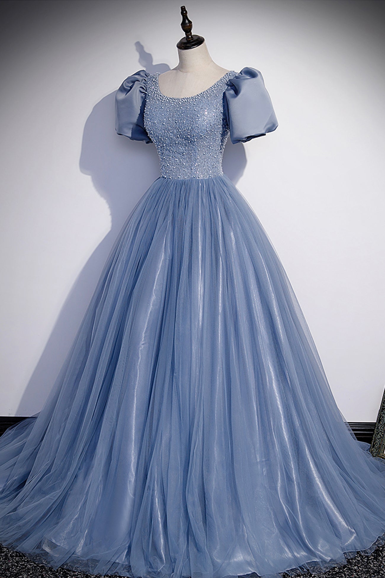Blue Scoop Tulle Long Prom Dress, A-Line Short Sleeve Formal Dress