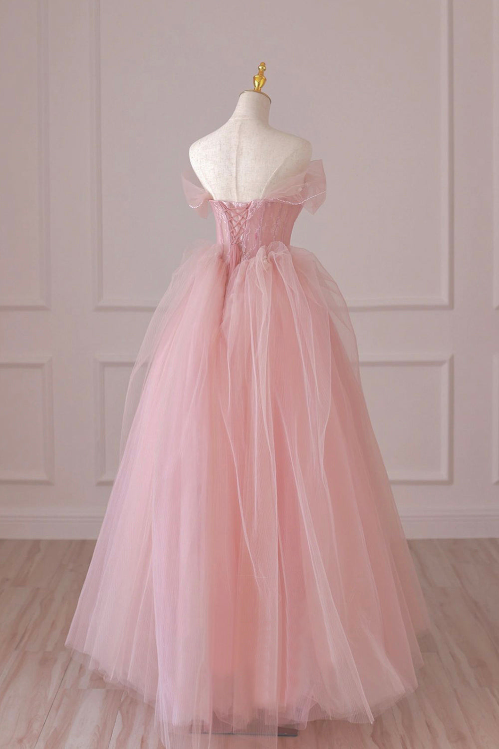Pink Tulle Lace Long Formal Dress, A-Line Off Shoulder Pink Prom Dress