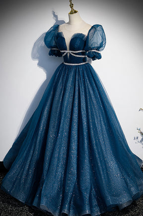 Blue Tulle Long A-Line Prom Dress, A-Line Short Sleeve Evening Dress