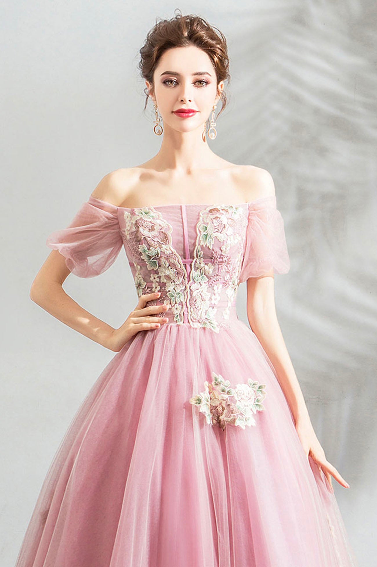 Pink Lace Long A-Line Prom Dress, Off the Shoulder Evening Party Dress