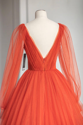 Plunging V-Neck Tulle Floor Length Formal Dress, Orange Long Sleeve Prom Dress