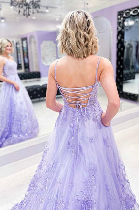 Purple Lace Long Formal Evening Dress, A-Line Backless Party Dress