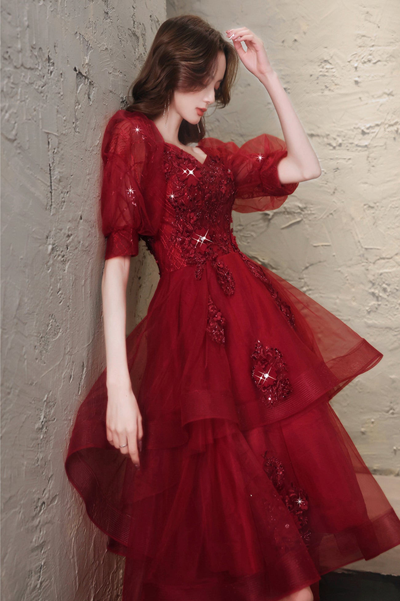 burgundy lace high low dress Burgundy Lace High Low Prom Dress, A-Line 1/2 Sleeve Evening Party Dre