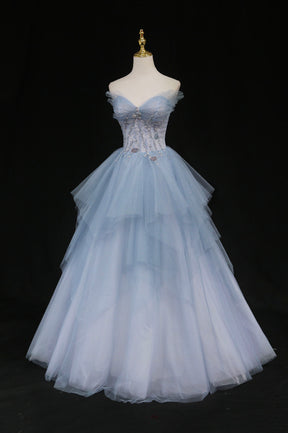 Blue Tulle A-Line Strapless Long Prom Dress, Blue Evening Party Dress