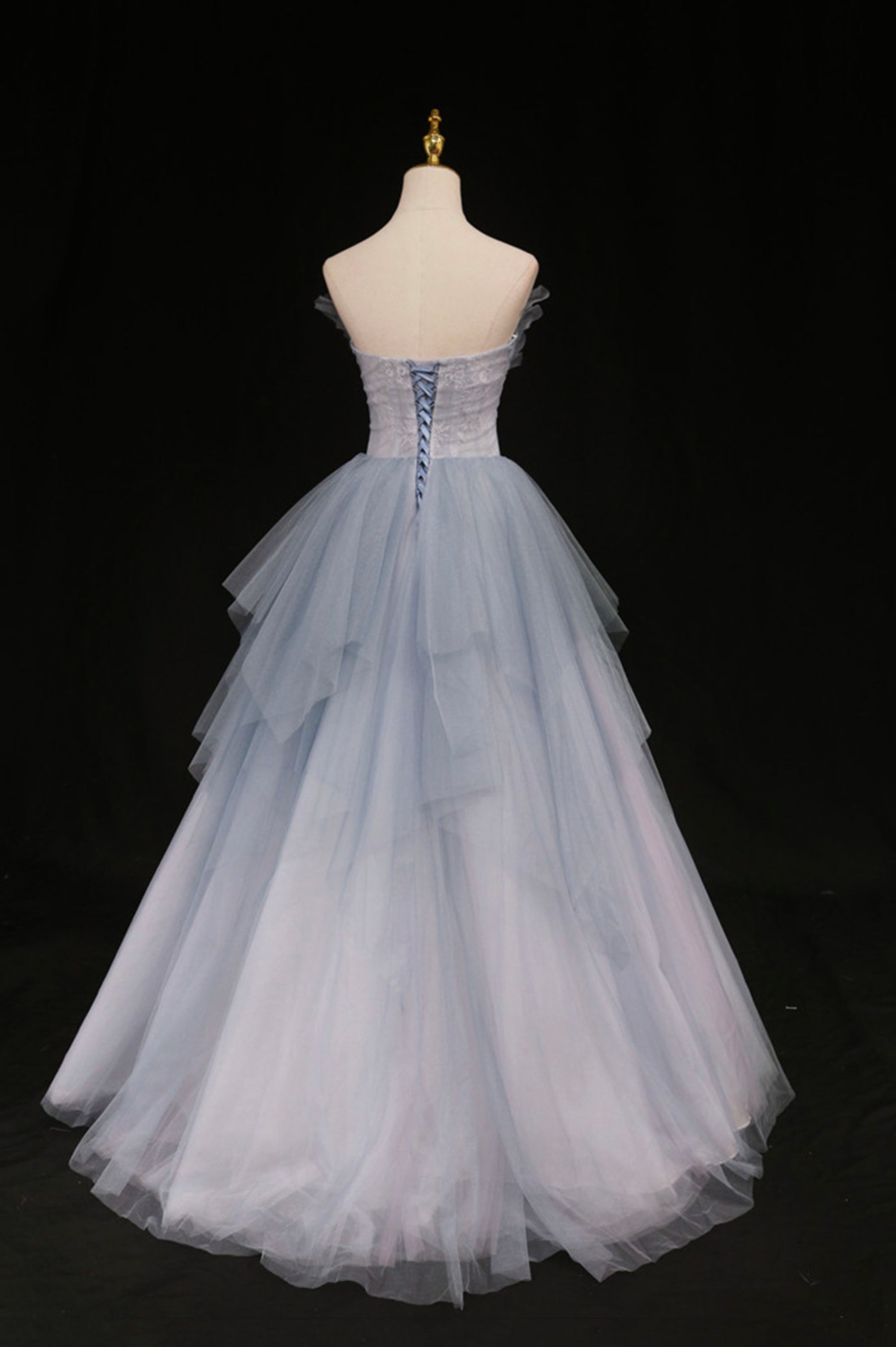 Blue Tulle A-Line Strapless Long Prom Dress, Blue Evening Party Dress
