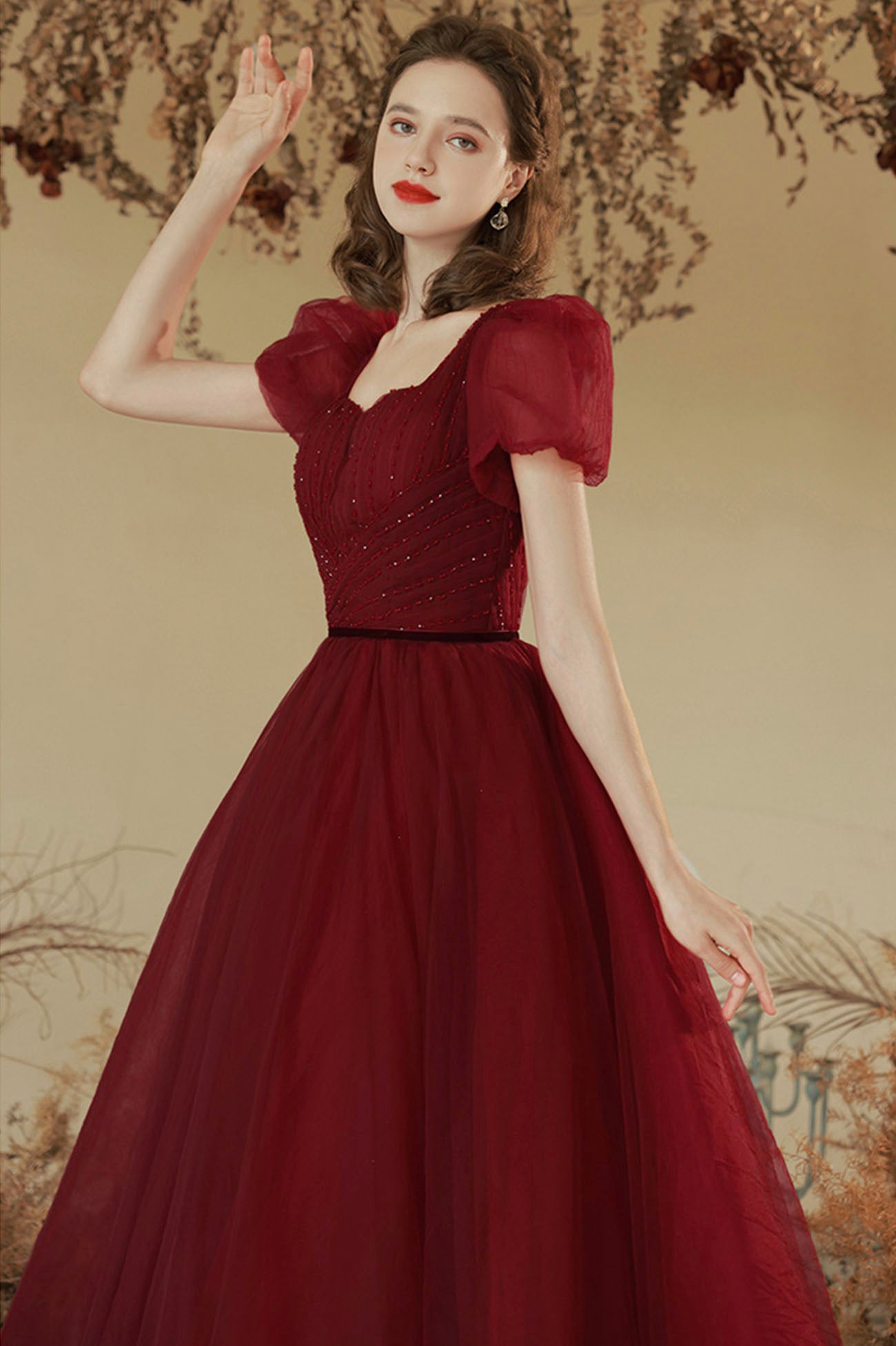 Burgundy Tulle Long A-line Prom Dress, Cute Short Sleeve Evening Party Dress