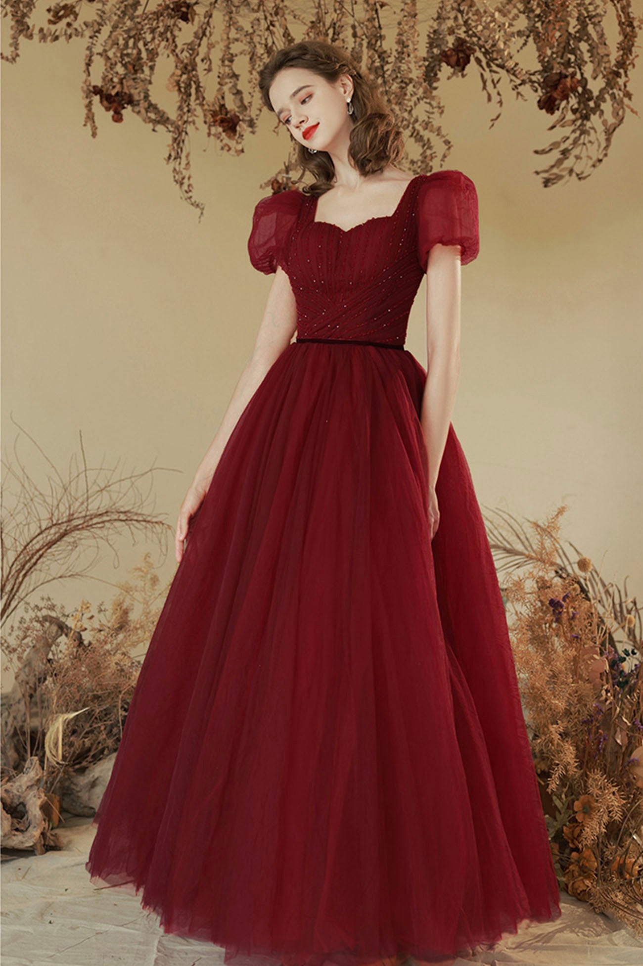 Burgundy Tulle Long A-line Prom Dress, Cute Short Sleeve Evening Party