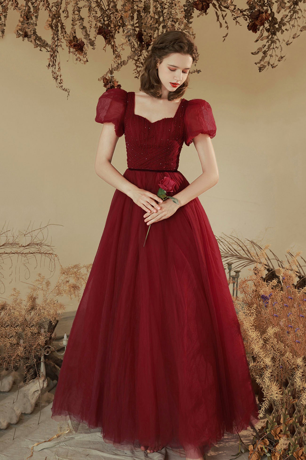 Tulle Maroon Bridesmaid Dresses Short Burgundy Tulle Long A-line