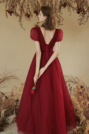 Burgundy Tulle Long A-line Prom Dress, Cute Short Sleeve Evening Party Dress