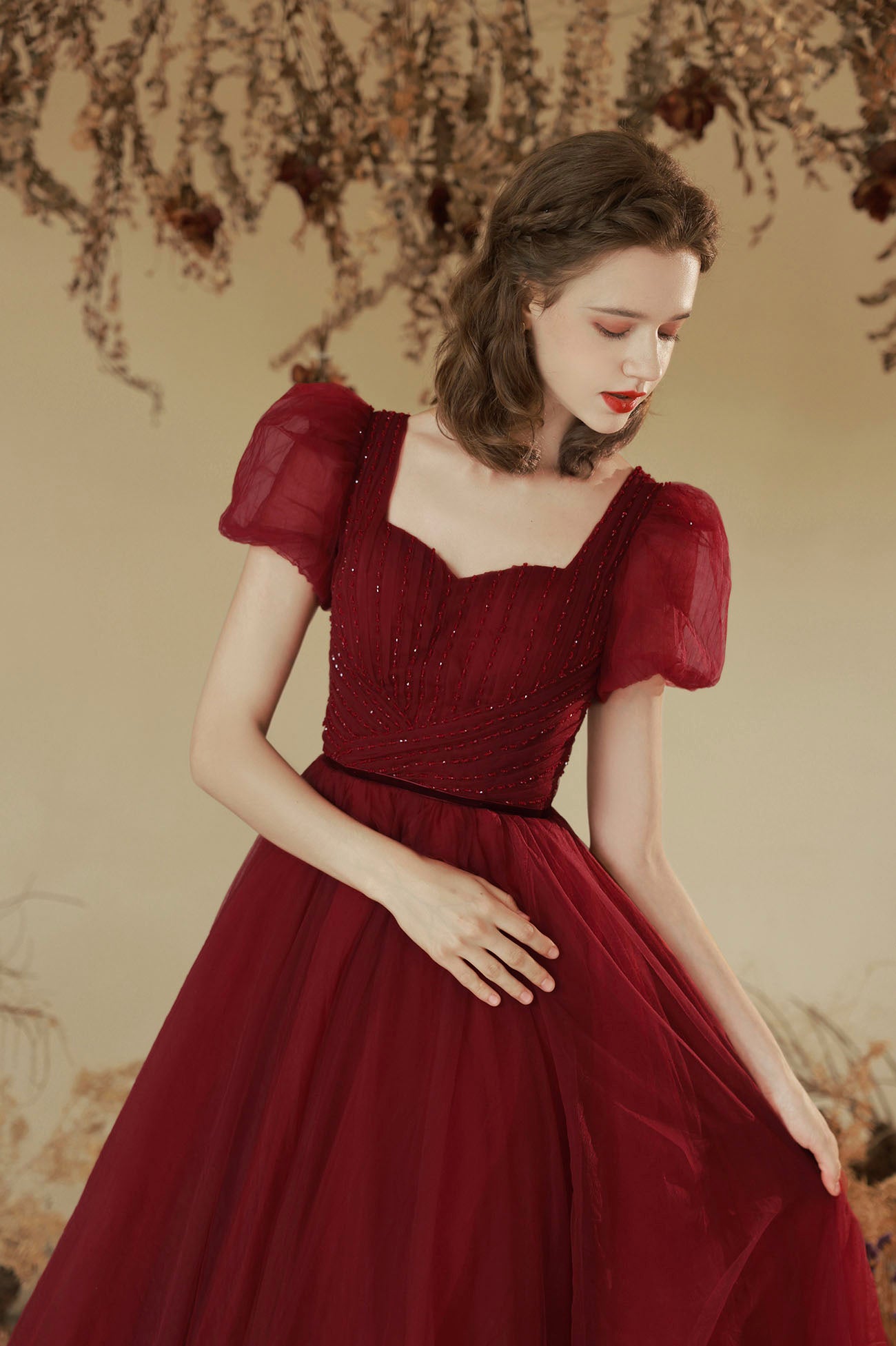 Burgundy Tulle Long A-line Prom Dress, Cute Short Sleeve Evening Party Burgundy Tulle Long A-line Prom Dress, Cute Short Sleeve Evening Party