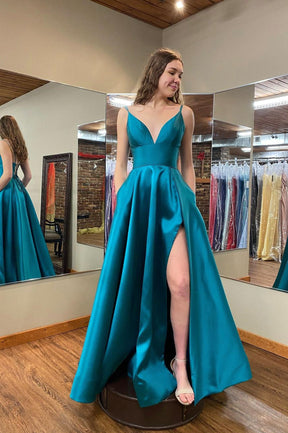 Blue V-Neck Satin Long Evening Party Dress, A-Line Prom Dress with Slit