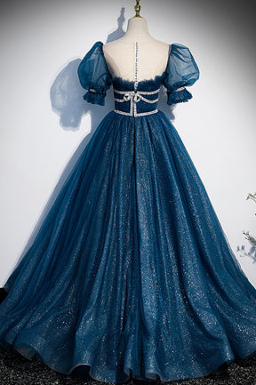 Blue Tulle Long A-Line Prom Dress, A-Line Short Sleeve Evening Dress