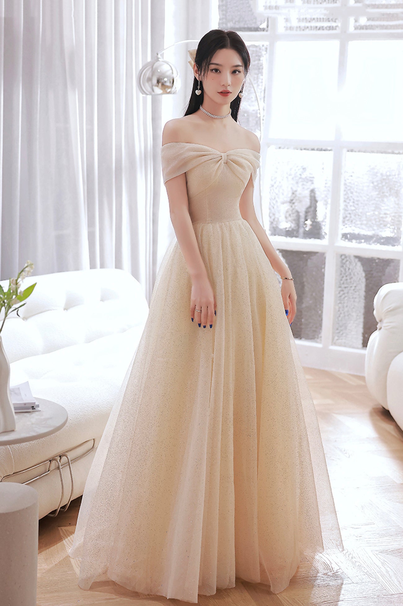 Champagne Tulle Long A-Line Prom Dress, Champagne Off the Shoulder Eve