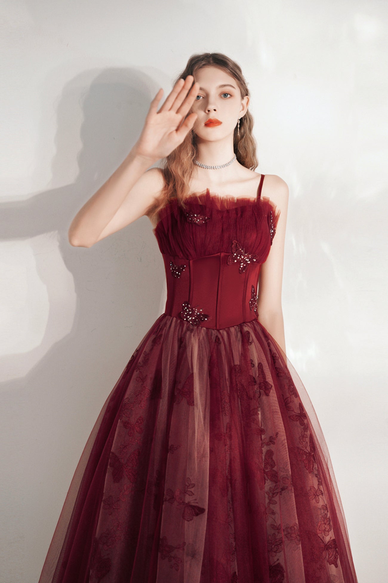Burgundy Spaghetti Strap Tulle Long Prom Dress, Lovely A-Line Prom Dre Burgundy Spaghetti Strap Tulle Long Prom Dress, Lovely A-Line Prom Dre