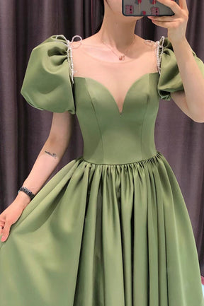 Green Satin Long A-Line Prom Dress, Green Short Sleeve Evening Party Dress