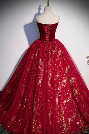 Burgundy Tulle Long A-Line Ball Gown, Off the Shoulder Evening Party Dress